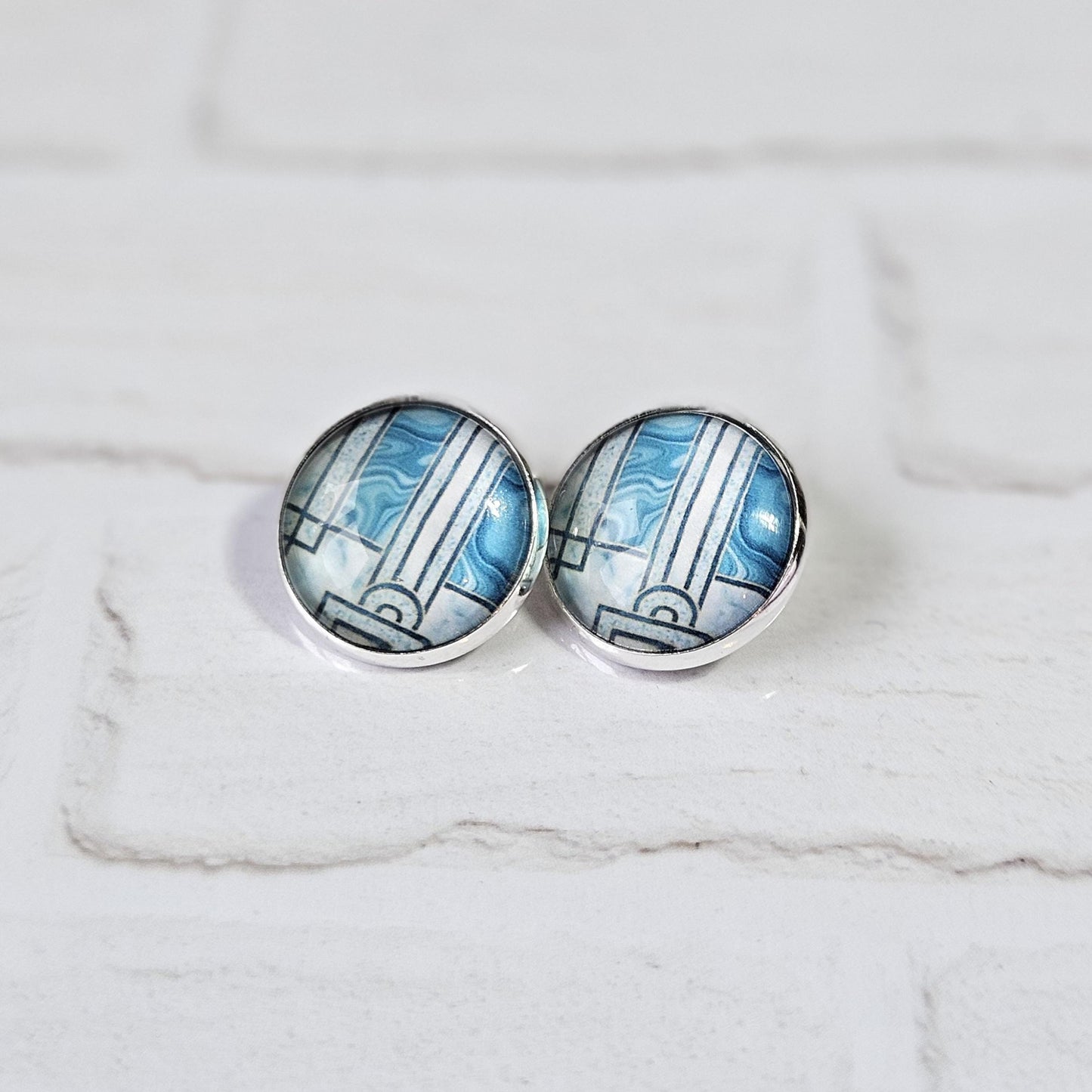 Blue Art Deco Clip-On Earrings | Handmade 16mm Cabochon | Non-Pierced Statement Earrings | Silver Tone