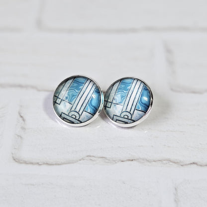 Blue Art Deco Clip-On Earrings | Handmade 16mm Cabochon | Non-Pierced Statement Earrings | Silver Tone
