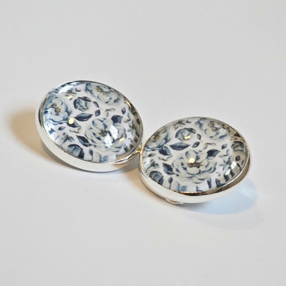 Blue Floral Clip-On Earrings – 16mm Cabochon | Non-Pierced | Hypoallergenic