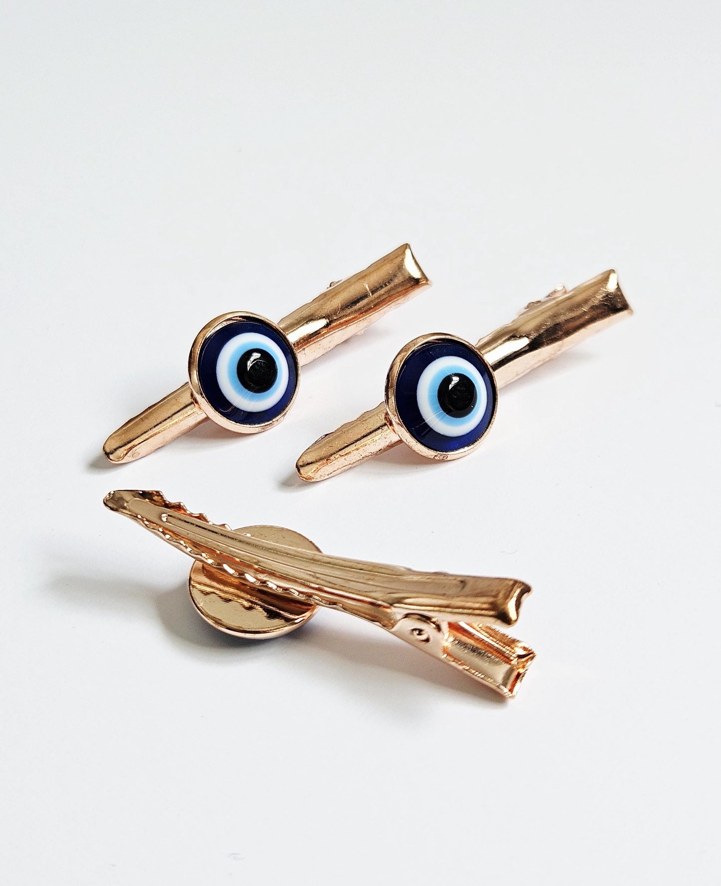 Evil Eye Hair Clips – Set of 3 | Silver & Rose Gold | Alligator Clip