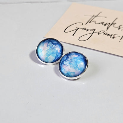 Blue Watercolour Silver Clip On Earrings, Non Pierced Stud Earrings, Handmade Cabochon, Lightweight Statement Jewellery