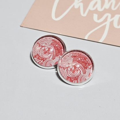 Red Cabochon Clip-On Earrings | Silver Tone Huggie Style | Non-Pierced