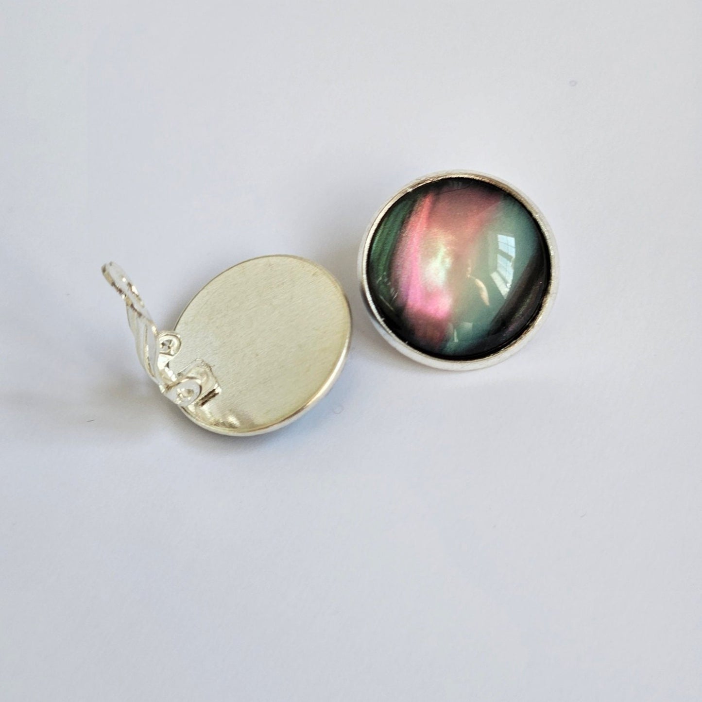 Black Aurora Clip-On Earrings | Handmade 16mm Cabochon | Non-Pierced Statement Earrings | Silver Tone