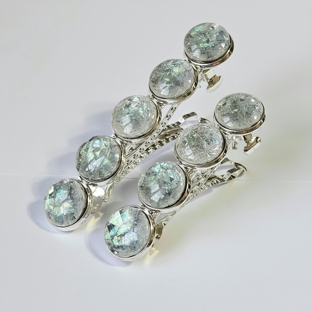 Iridescent Grey Marble Resin French Barrette: Silver Hair Clip