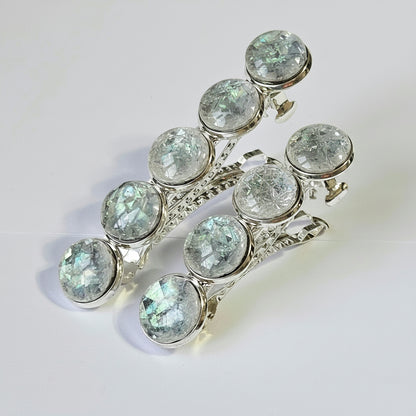 Iridescent Grey Marble Resin French Barrette: Silver Hair Clip