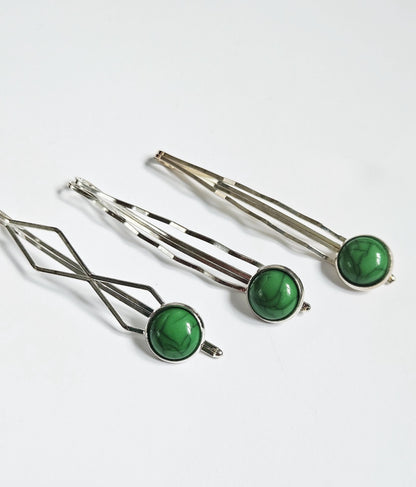Dark Green Cabochon Bobby Pins: Silver Hair Slides, Women's Hair Accessories