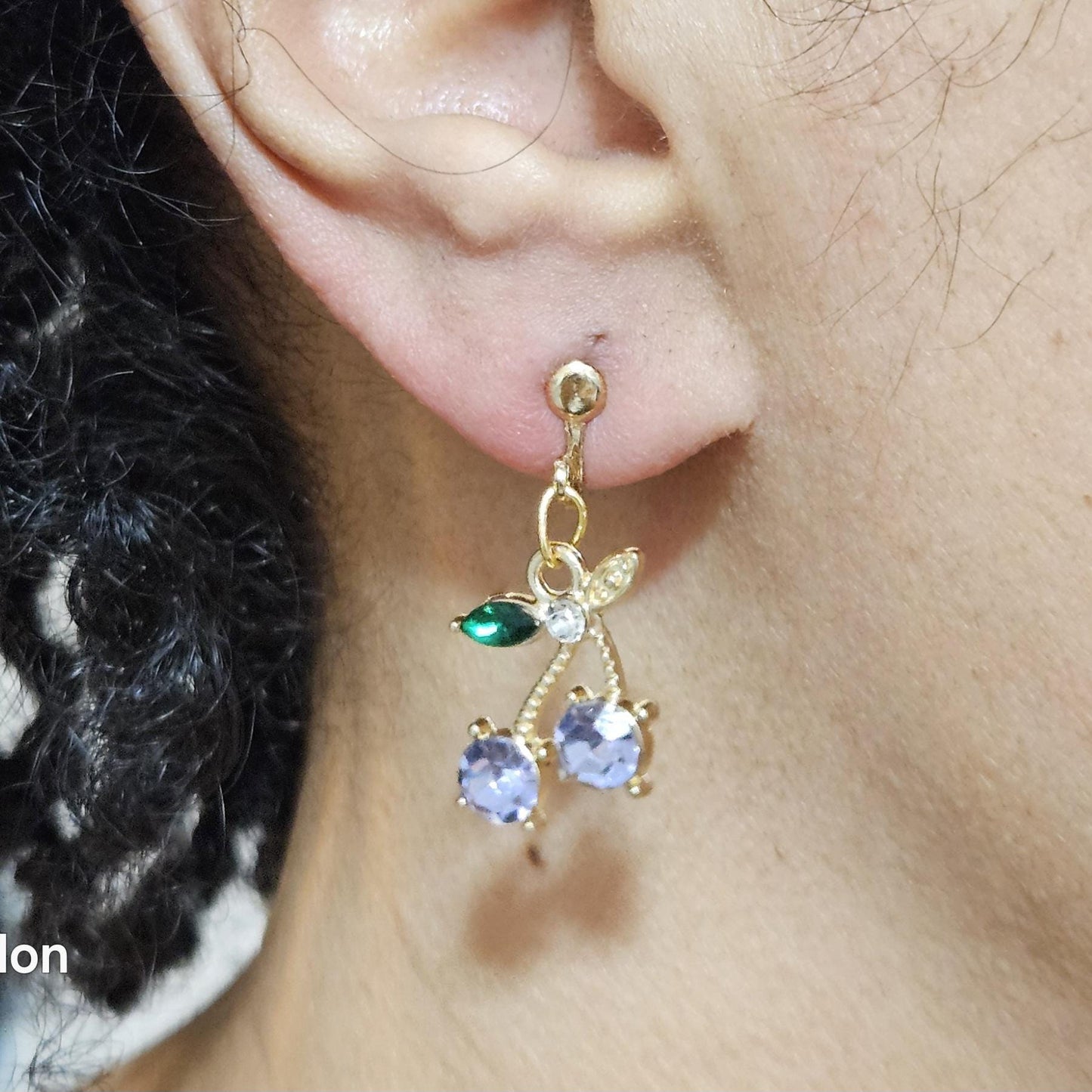 Gold Cherry Clip On Earrings, Sparkly Crystal Fruit Dangles, No Pierce Jewelry for Women, Cute Pink Blue Purple Cherry Drop Earrings