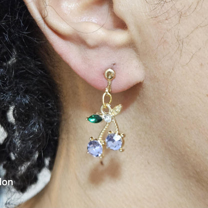 Gold Cherry Clip On Earrings, Sparkly Crystal Fruit Dangles, No Pierce Jewelry for Women, Cute Pink Blue Purple Cherry Drop Earrings
