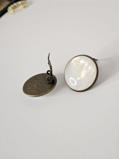 White Round Clip On Earrings: Bronze Tone, Non Piercing