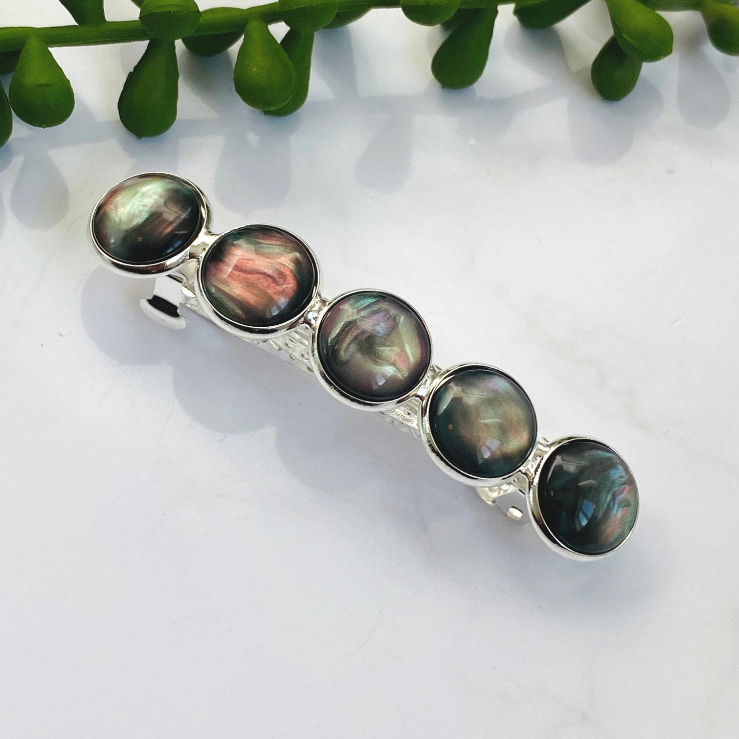 Black Marble Resin Hair Barrette: Silver French Clip