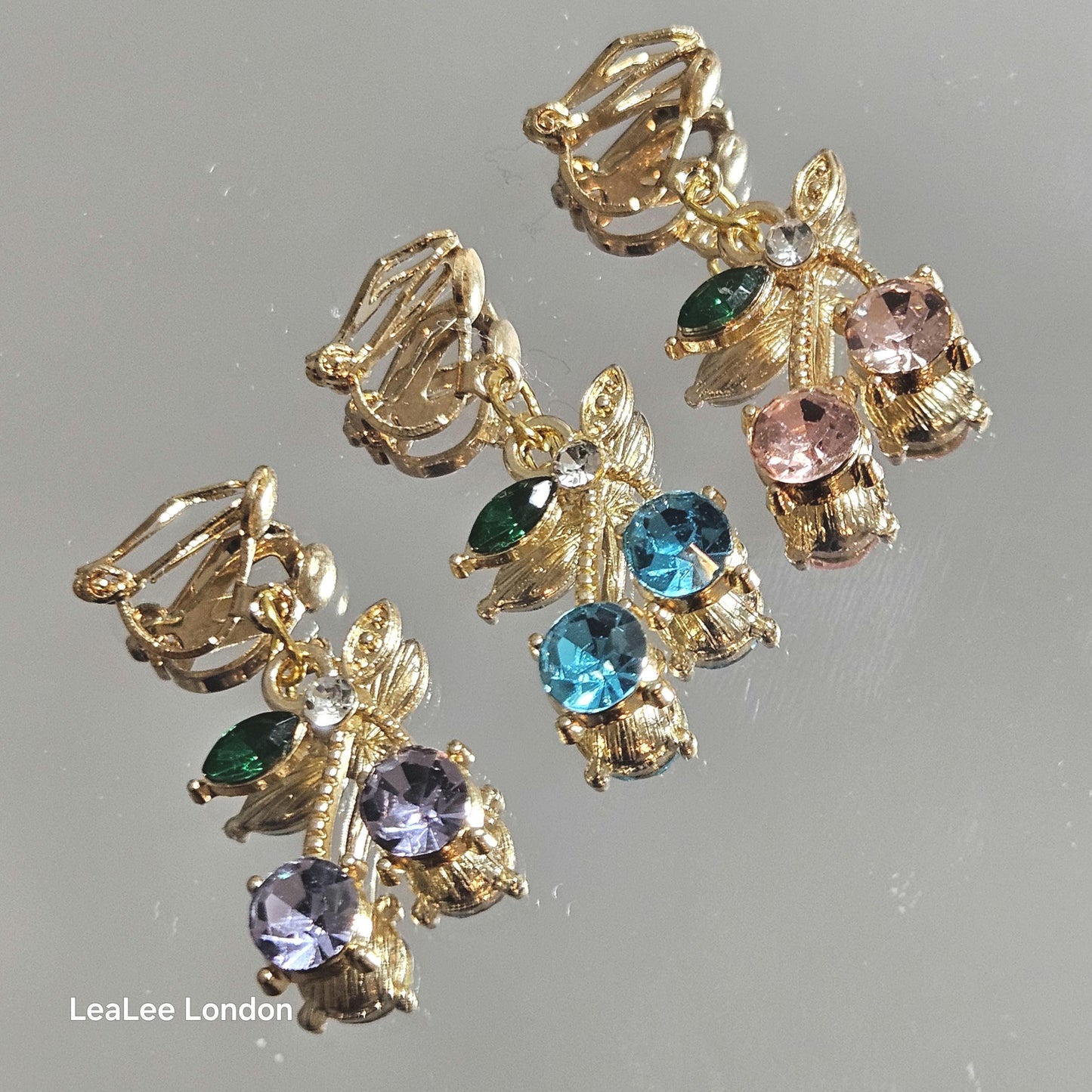 Gold Cherry Clip On Earrings, Sparkly Crystal Fruit Dangles, No Pierce Jewelry for Women, Cute Pink Blue Purple Cherry Drop Earrings