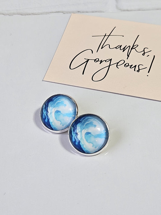 Blue Watercolour Clip On Earrings, Non Piercing Hinged Back Earrings, Handmade Cabochon Stud Earring, Lightweight Statement  Jewellery