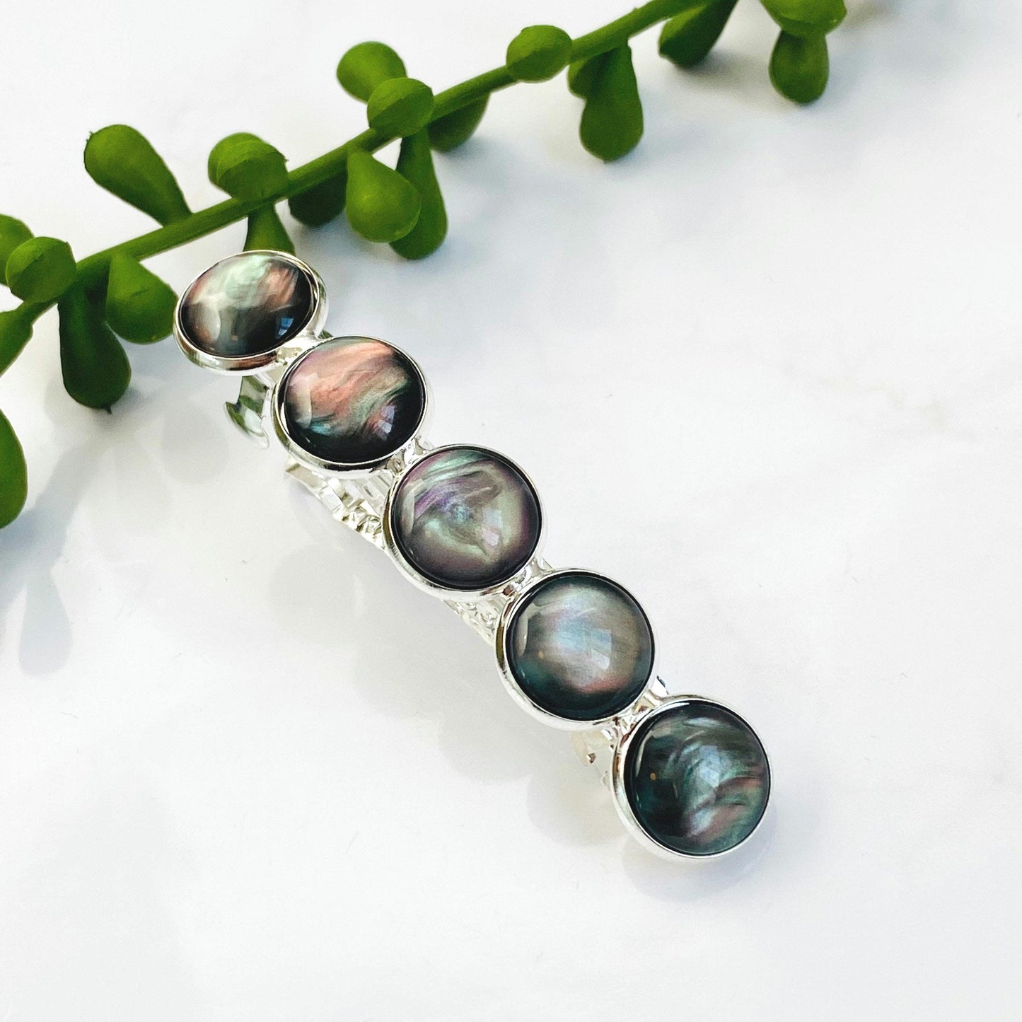Black Marble Resin Hair Barrette: Silver French Clip