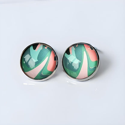 Pastel Patterned Clip On Earrings: Silver Tone Cabochon, Non-Pierced