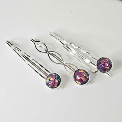 Iridescent Cabochon Bobby Pins: Silver Hair Slides for Thick Hair, set of 3