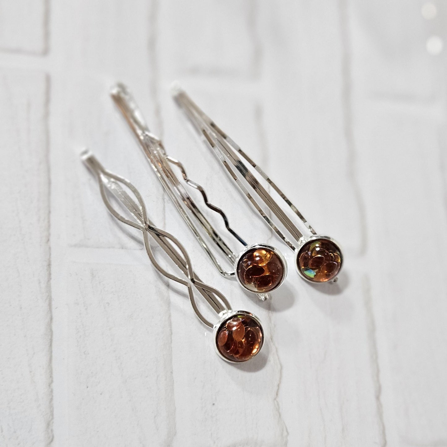 Silver Bobby Pin Set of 3, iridescent Cabochon Hair Pins, Minimal Hair Accessories