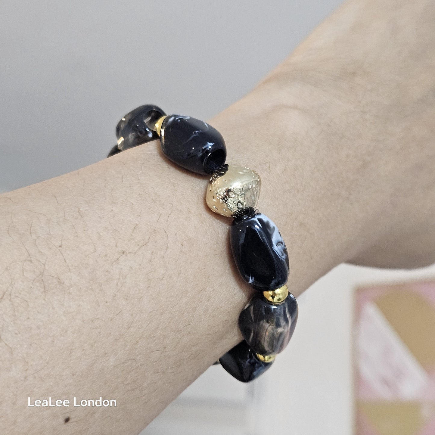 Elastic Black and Gold Bracelet, Stacking Large Acrylic Jewellery