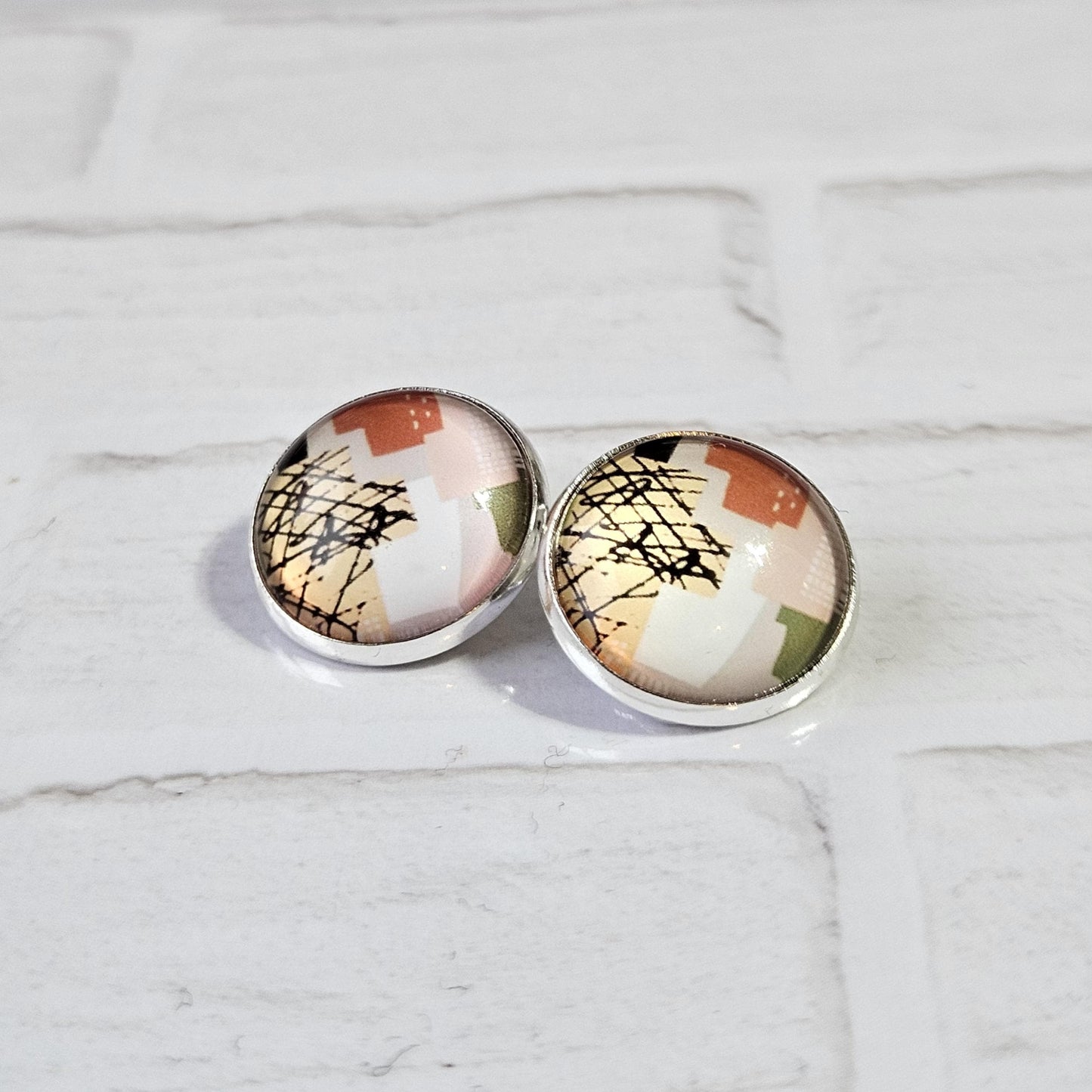 Neutral Abstract Clip-On Earrings – Green, Beige & Terracotta | Non-Pierced