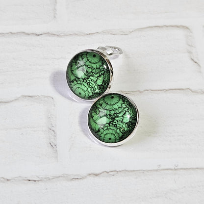 Green Flower Silver Clip On Earrings, Non Pierced Earrings, Handmade Cabochon Earrings, Statement Jewellery UK