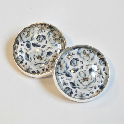 Blue Floral Clip-On Earrings – 16mm Cabochon | Non-Pierced | Hypoallergenic
