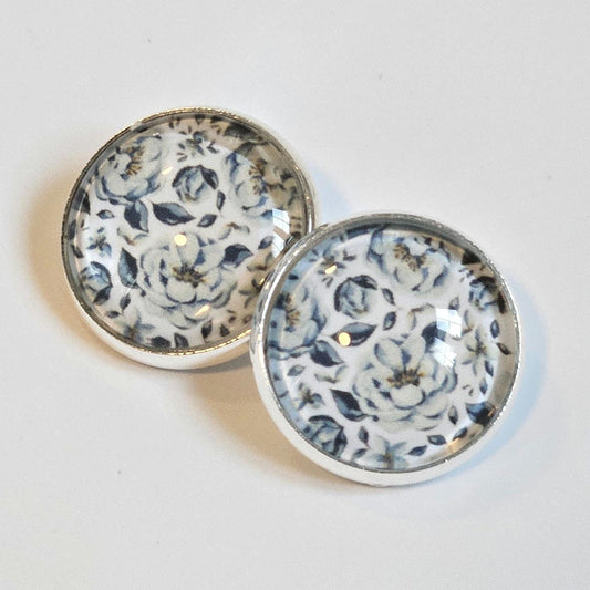 Blue Floral Clip-On Earrings – 16mm Cabochon | Non-Pierced | Hypoallergenic