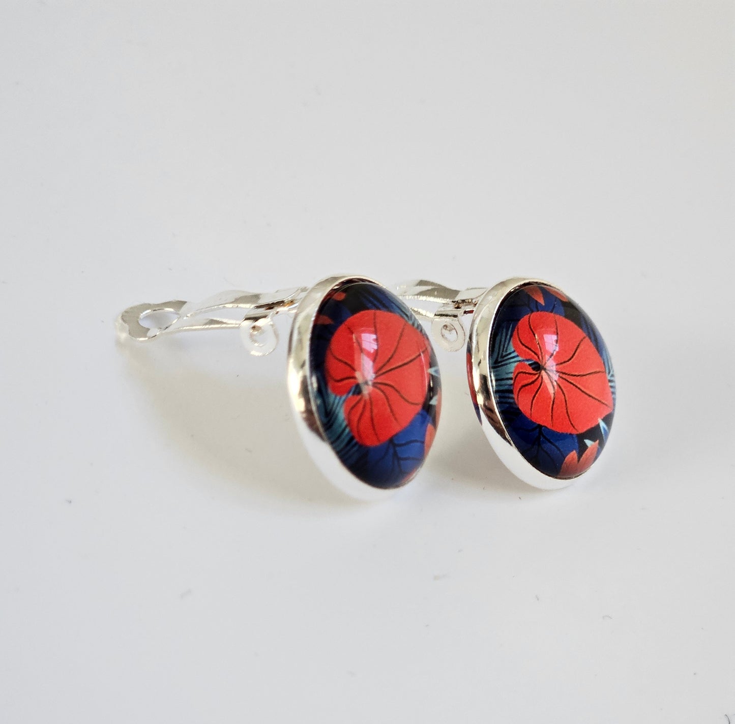 Red & Blue Floral Clip-On Earrings – 16mm Cabochon | Non-Pierced | Hypoallergenic
