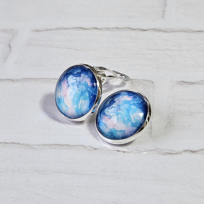 Blue Watercolour Silver Clip On Earrings, Non Pierced Stud Earrings, Handmade Cabochon, Lightweight Statement Jewellery