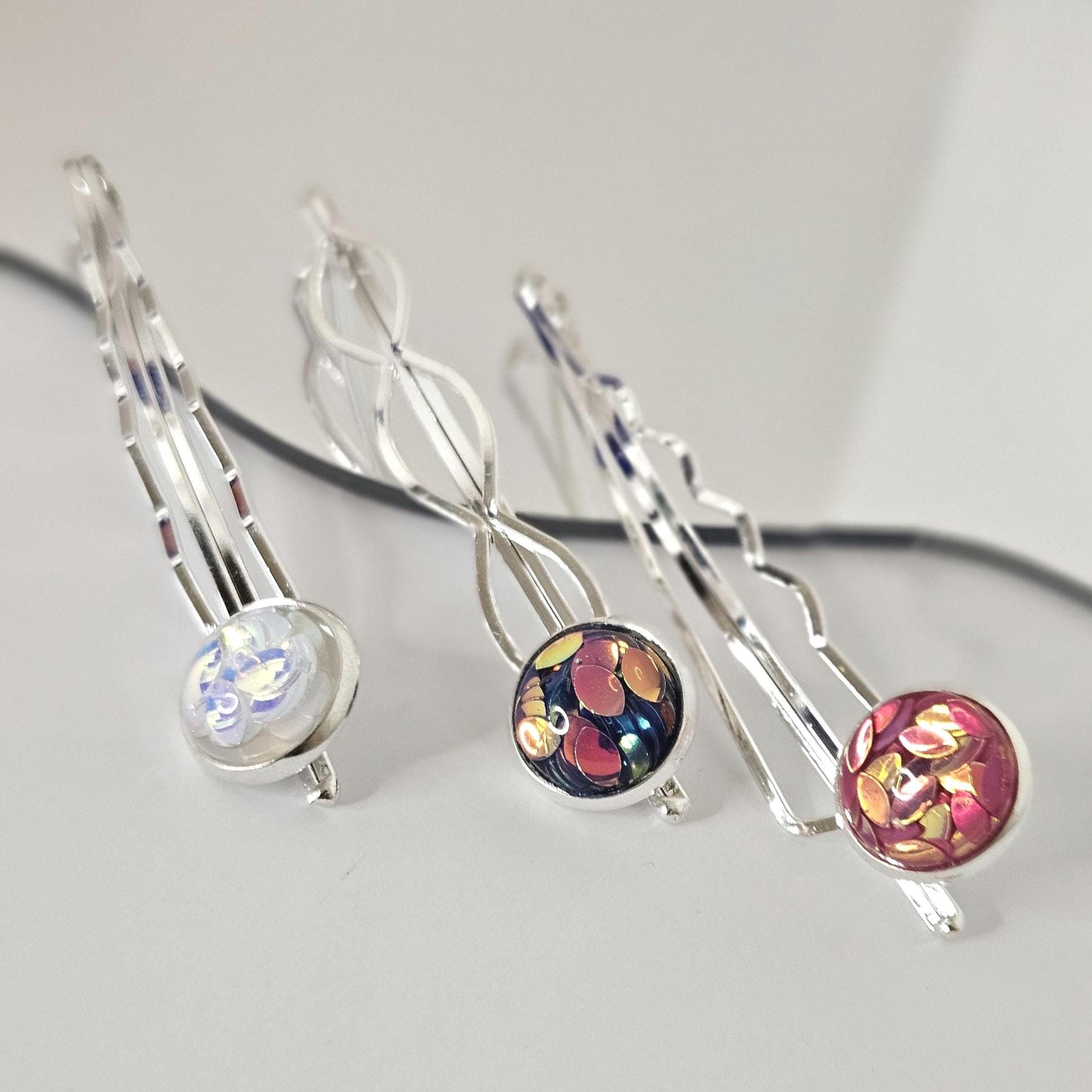 Iridescent Cabochon Bobby Pins: Silver Hair Slides for Thick Hair, set of 3