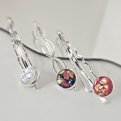 Iridescent Cabochon Bobby Pins: Silver Hair Slides for Thick Hair, set of 3
