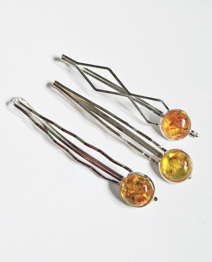 Trendy Bobby Pin Hair Slides: Silver Cabochon Clips, Set of 3