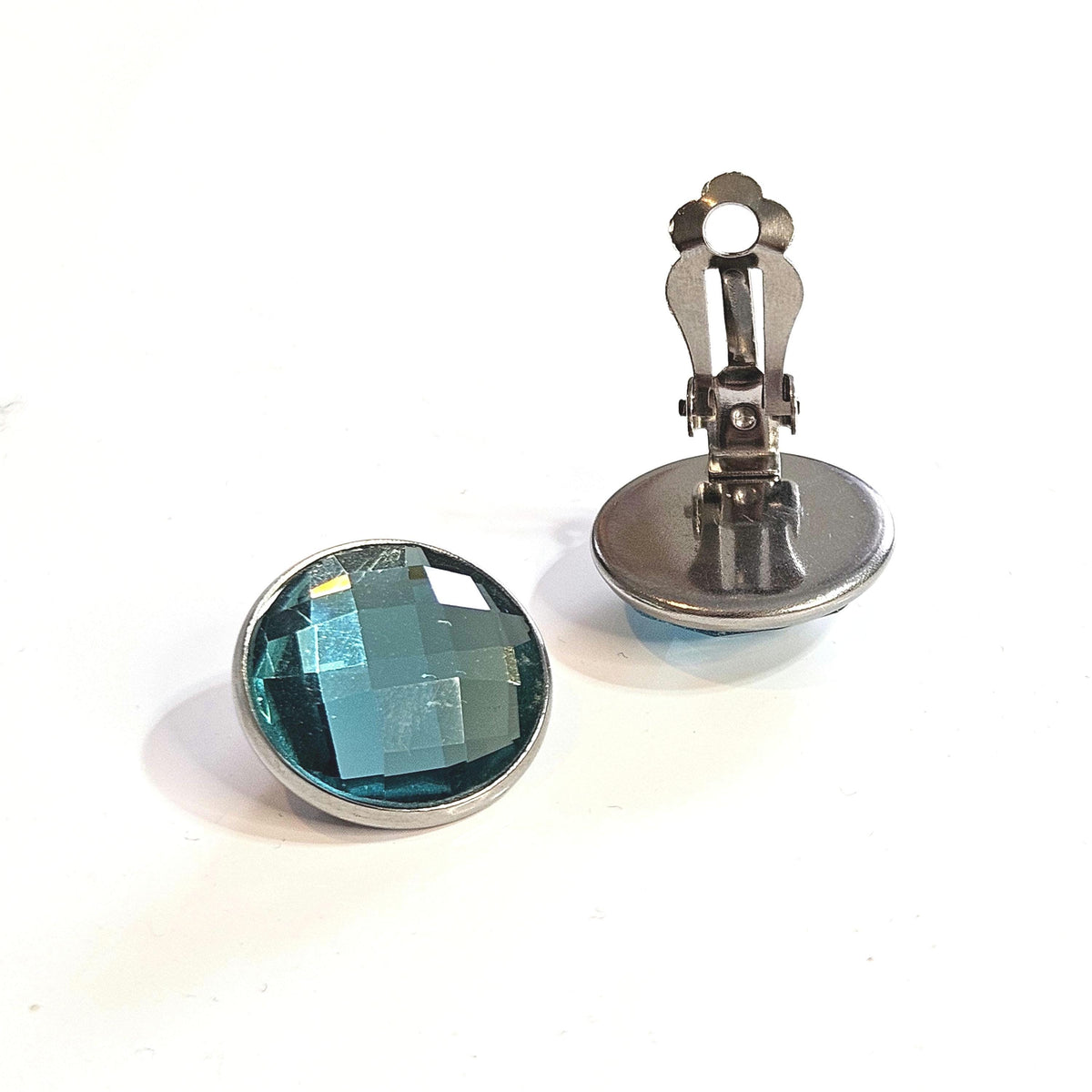Sapphire Blue Glass Clip-On Earrings in Dark Silver Tone