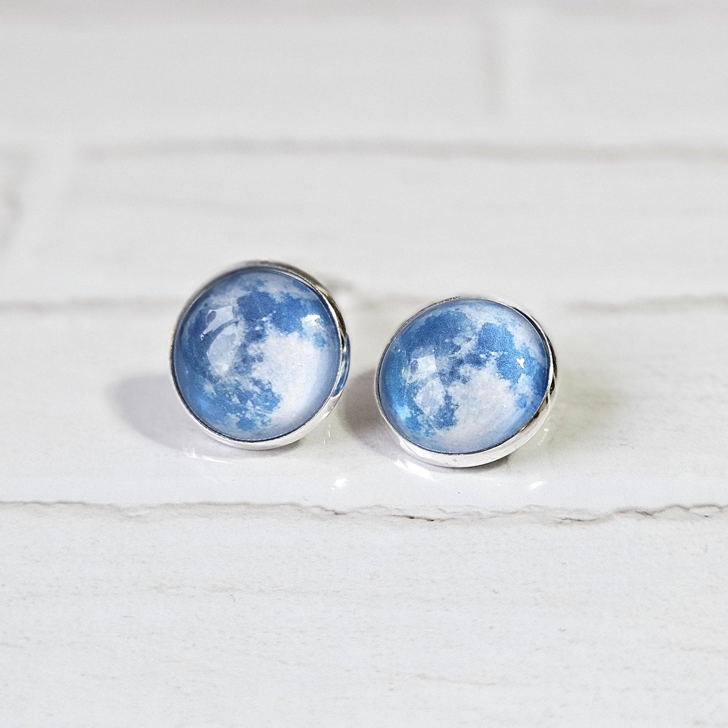 Realistic Full Moon Clip On Earrings, Silver Hinged Back Studs, Comfortable Firm Fit No Pierce Jewelry, Celestial Lunar Gift for Space Lover