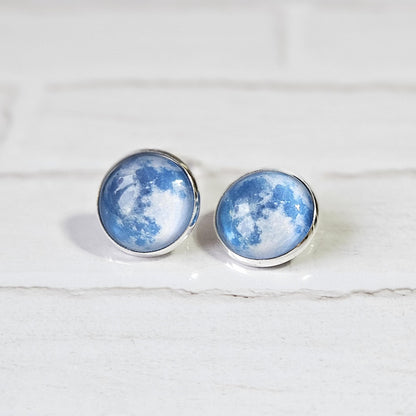 Realistic Full Moon Clip On Earrings, Silver Hinged Back Studs, Comfortable Firm Fit No Pierce Jewelry, Celestial Lunar Gift for Space Lover