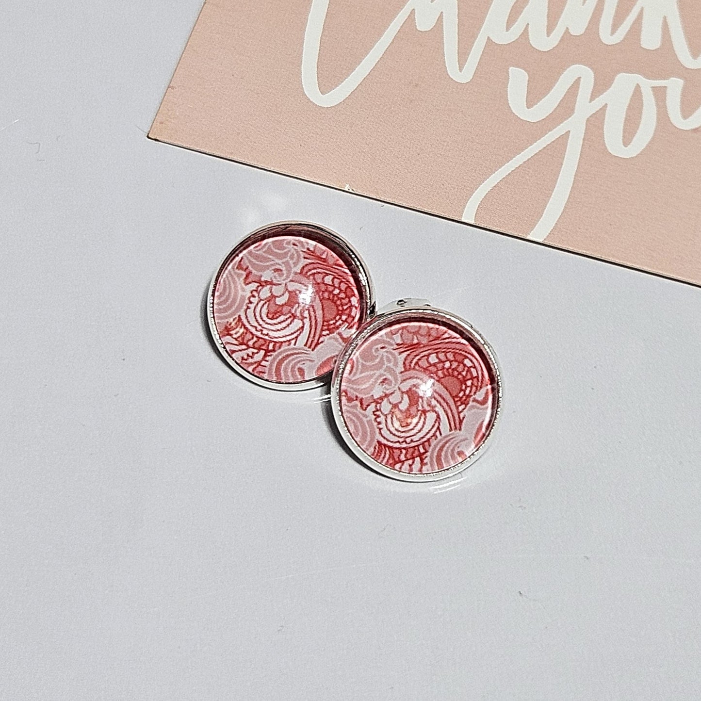 Red Cabochon Clip-On Earrings | Silver Tone Huggie Style | Non-Pierced