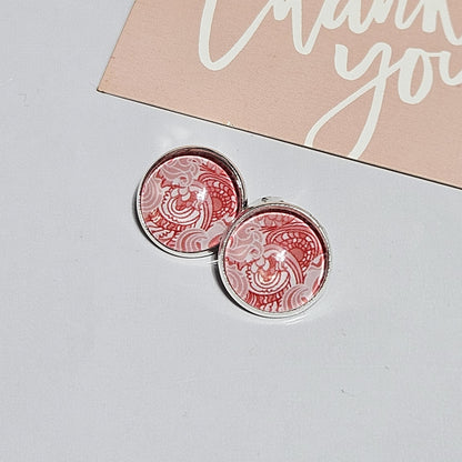 Red Cabochon Clip-On Earrings | Silver Tone Huggie Style | Non-Pierced