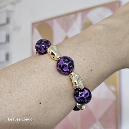 Handmade Cheetah Print Bracelet for Women – Chunky Elastic Beaded Bracelet with Gold Detail, UK Jewellery Gift