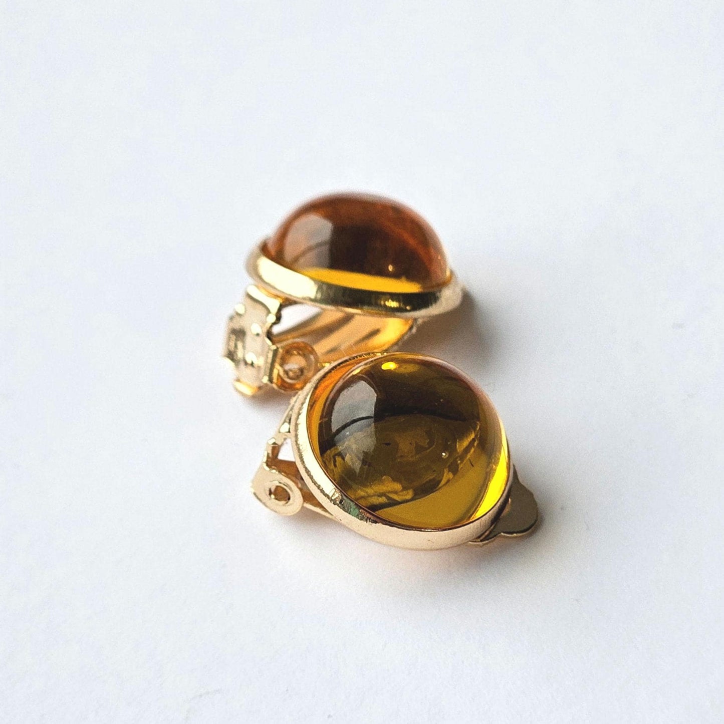 Yellow Resin Clip-On Earrings – 12mm Cabochon | Non-Pierced | Rose Gold Tone