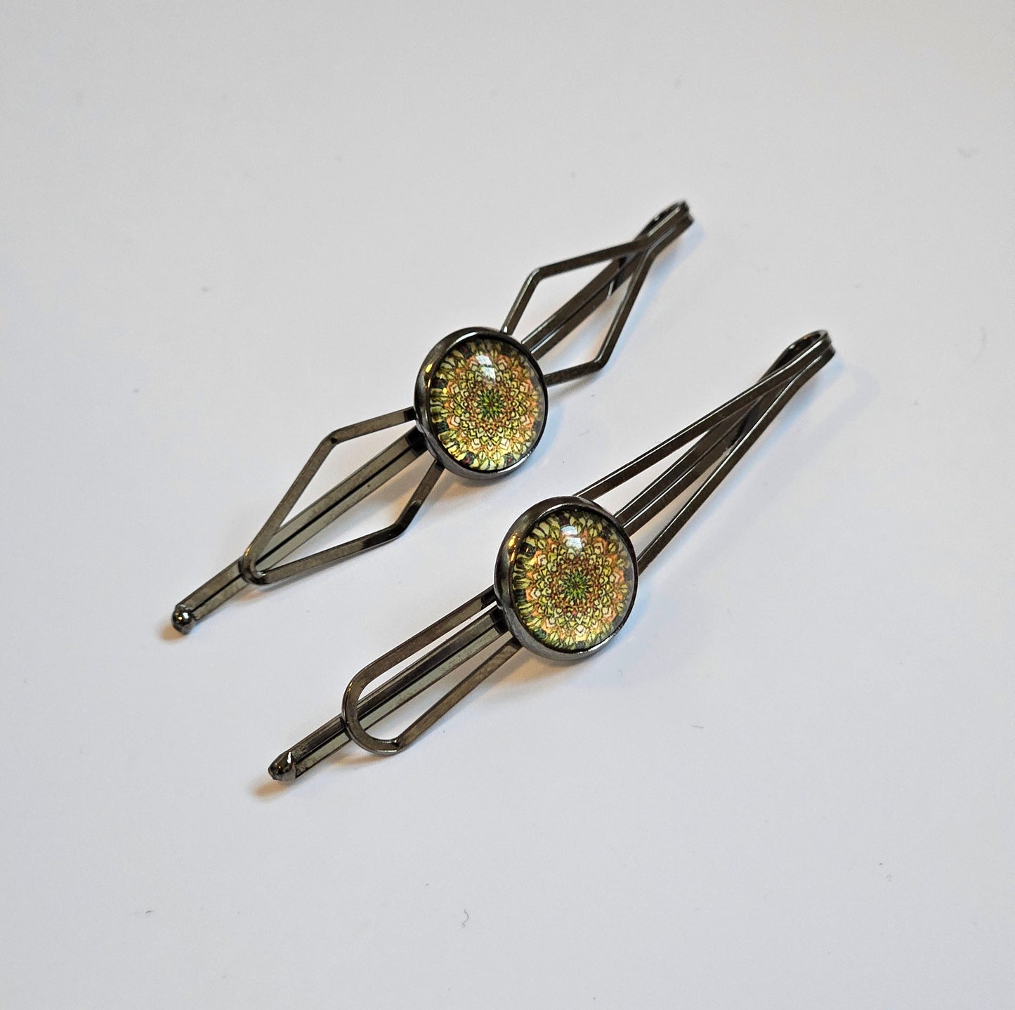 Black Bobby Pins Set of 2, Handmade Boho Mandala Cabochon Hair Clips, Statement Hair Accessories