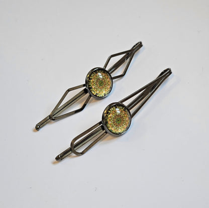 Black Bobby Pins Set of 2, Handmade Boho Mandala Cabochon Hair Clips, Statement Hair Accessories
