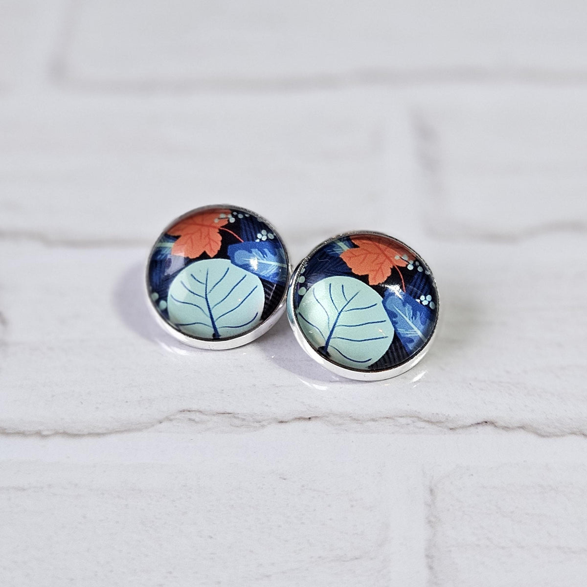 Blue Floral Clip-On Earrings | Silver Tone Cabochon, Non-Pierced