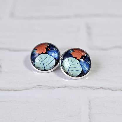 Blue Floral Clip-On Earrings | Silver Tone Cabochon, Non-Pierced