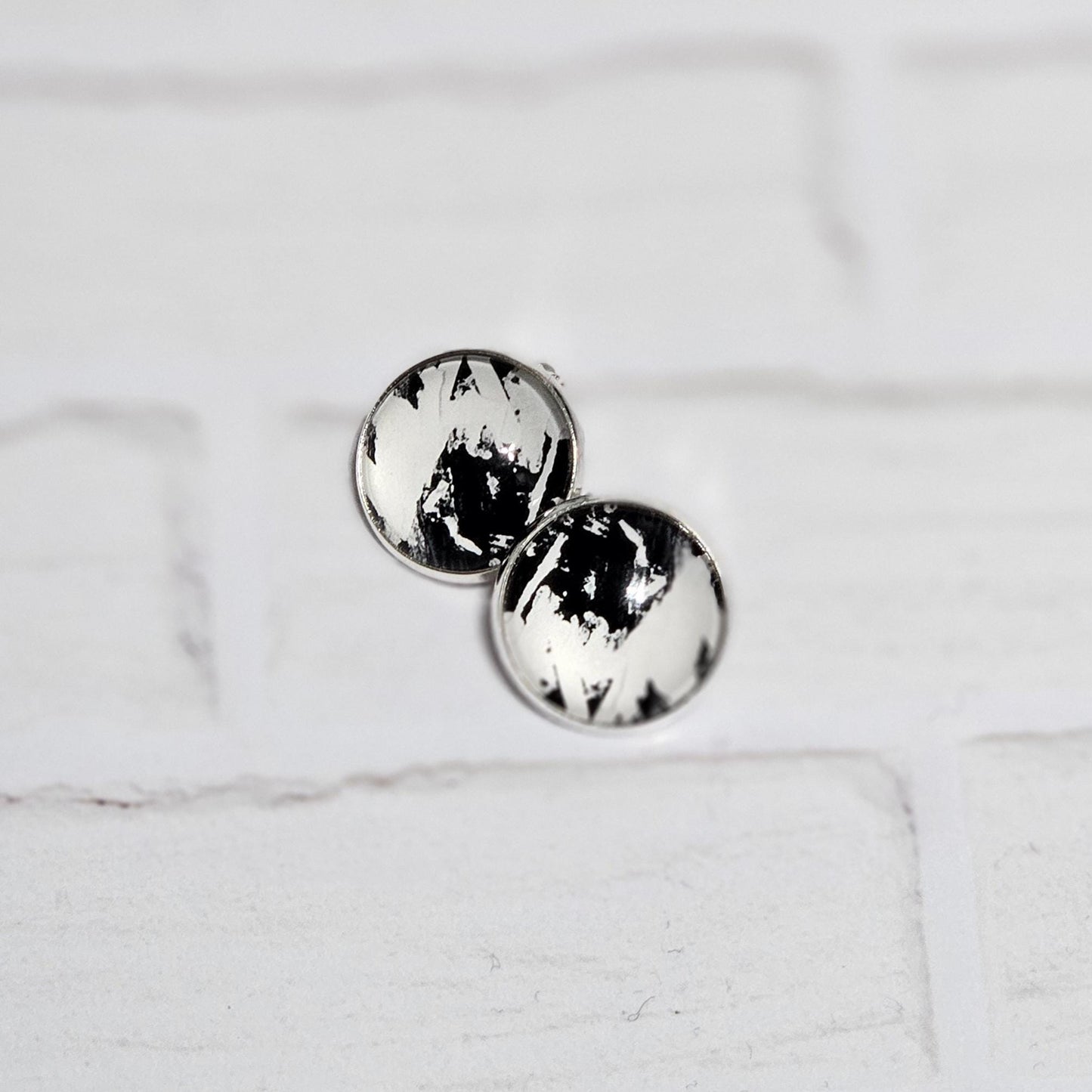 Silver Clip On Earrings: Retro Black & White Non Pierced Studs, Handmade Cabochon Non Piercing Jewellery
