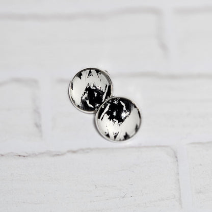 Silver Clip On Earrings: Retro Black & White Non Pierced Studs, Handmade Cabochon Non Piercing Jewellery
