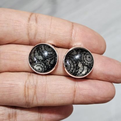 Black Flower Clip On Earrings, Silver Tone Cabochon, Non Pierced