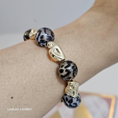 Handmade Cheetah Print Bracelet for Women – Chunky Elastic Beaded Bracelet with Gold Detail, UK Jewellery Gift