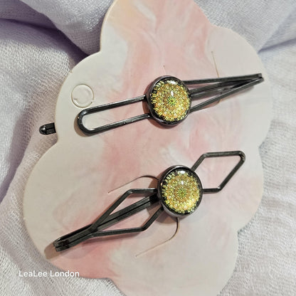 Black Bobby Pins Set of 2, Handmade Boho Mandala Cabochon Hair Clips, Statement Hair Accessories