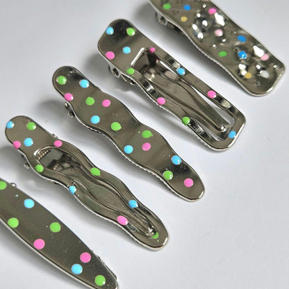 Polka Dot Snap Hair Clips | Set of 7 | Mixed Styles & Sizes | Lightweight Hair Clips for Women & Girls | Silver Tone