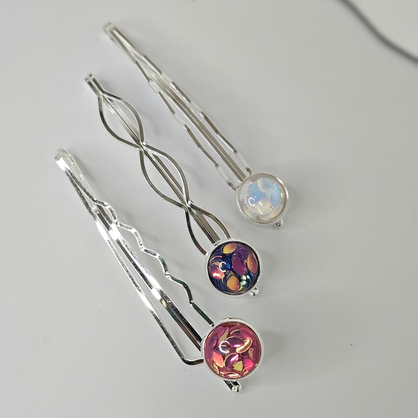 Iridescent Cabochon Bobby Pins: Silver Hair Slides for Thick Hair, set of 3