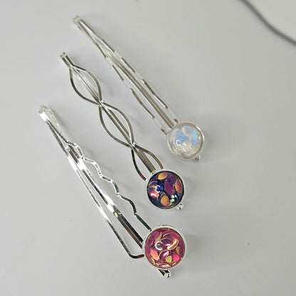 Iridescent Cabochon Bobby Pins: Silver Hair Slides for Thick Hair, set of 3