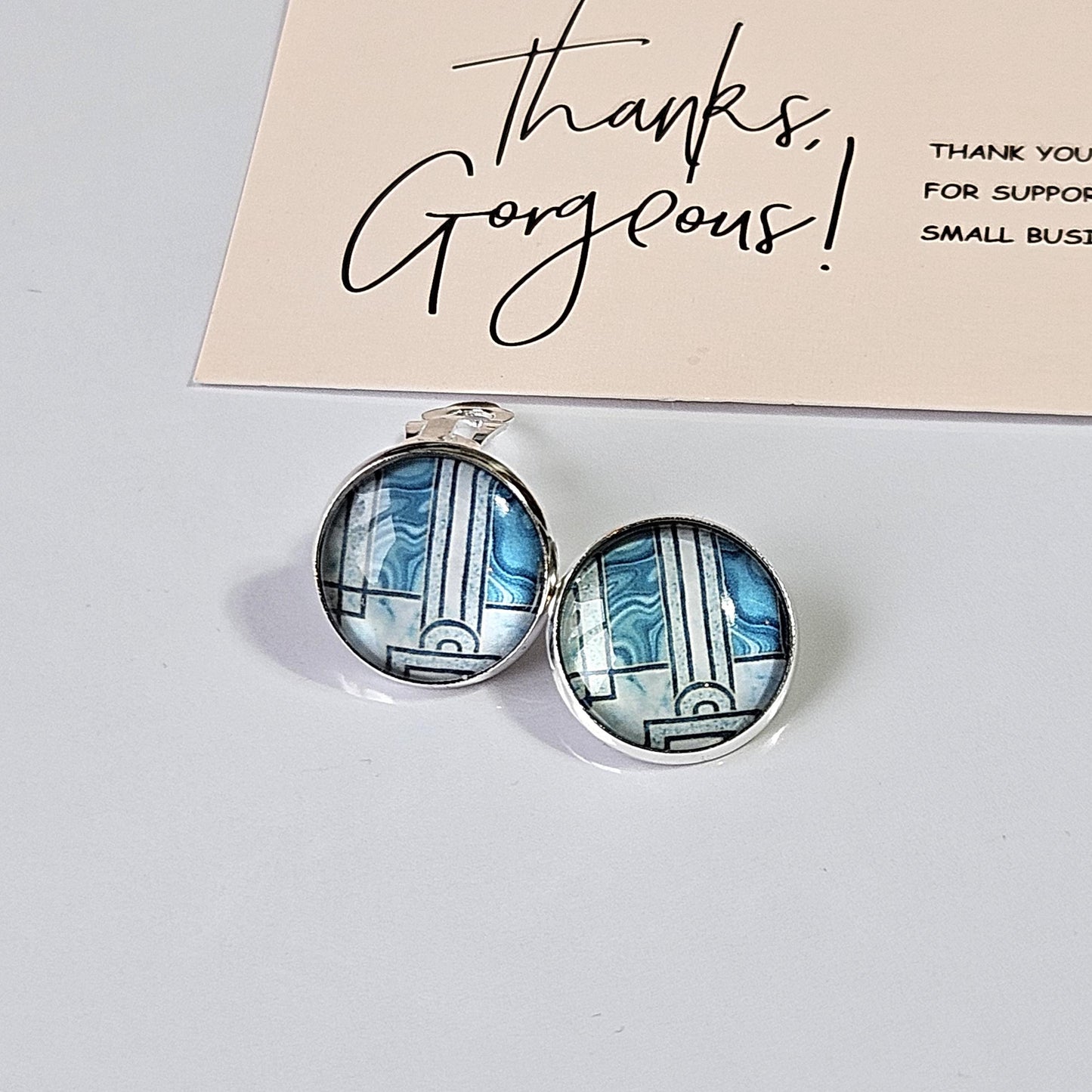Blue Art Deco Clip-On Earrings | Handmade 16mm Cabochon | Non-Pierced Statement Earrings | Silver Tone